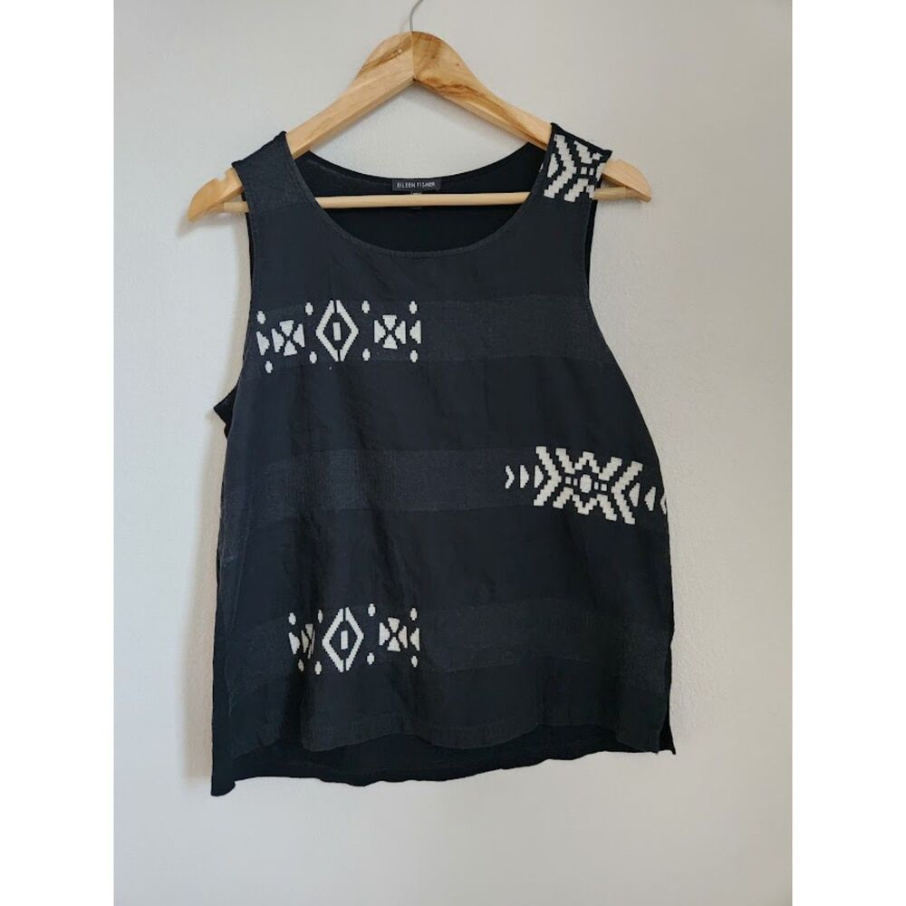 Eileen Fisher Sleeveless Black Aztec Print Tank Top | Size S